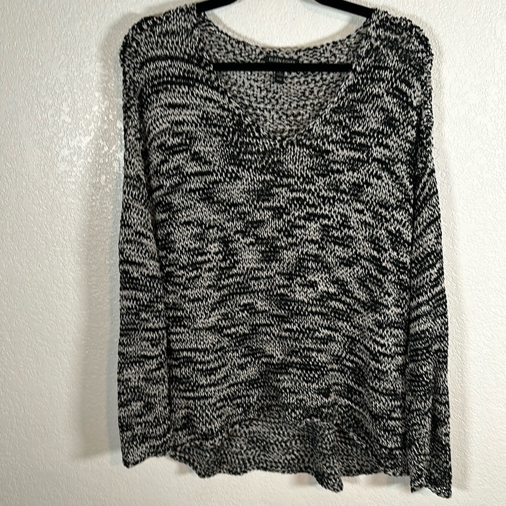 Eileen Fisher Black & White Open Weave Sweater Scoop Neck Size Medium